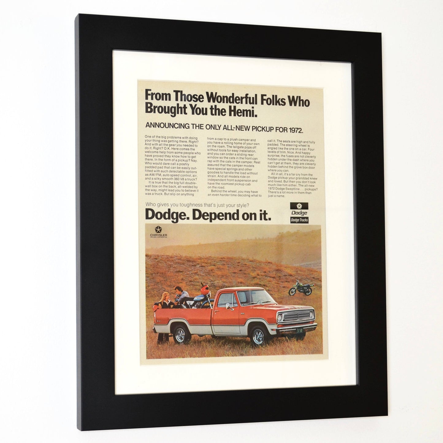 1972 Dodge pick up truck vintage print ad framed side view