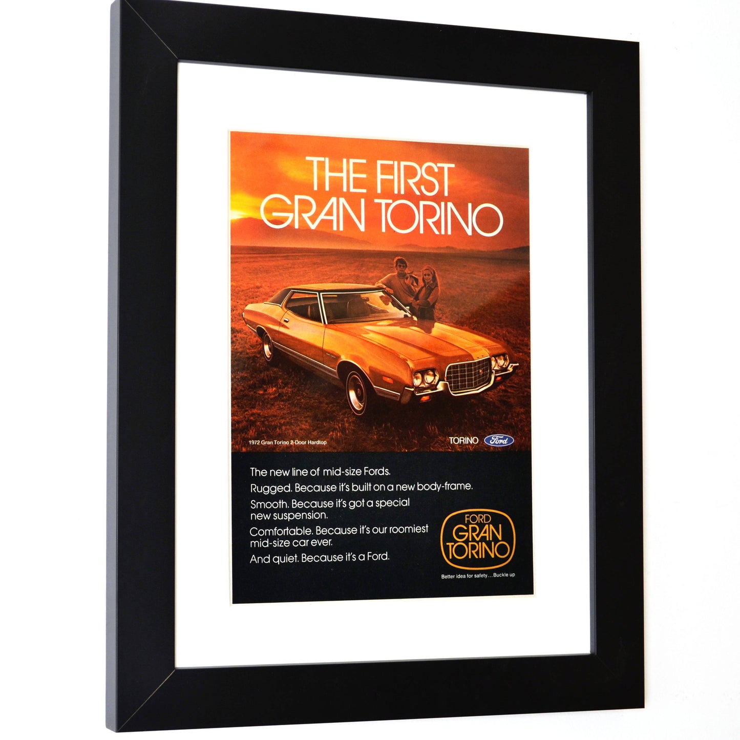 1972 Ford Gran Torino Vintage Print Ad, Framed Automotive wall art