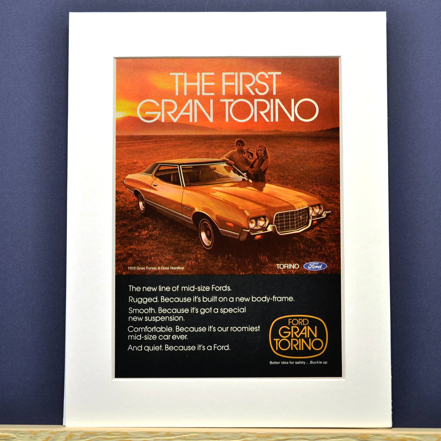 1972 Ford Gran Torino Vintage Print Ad, Framed Automotive wall art