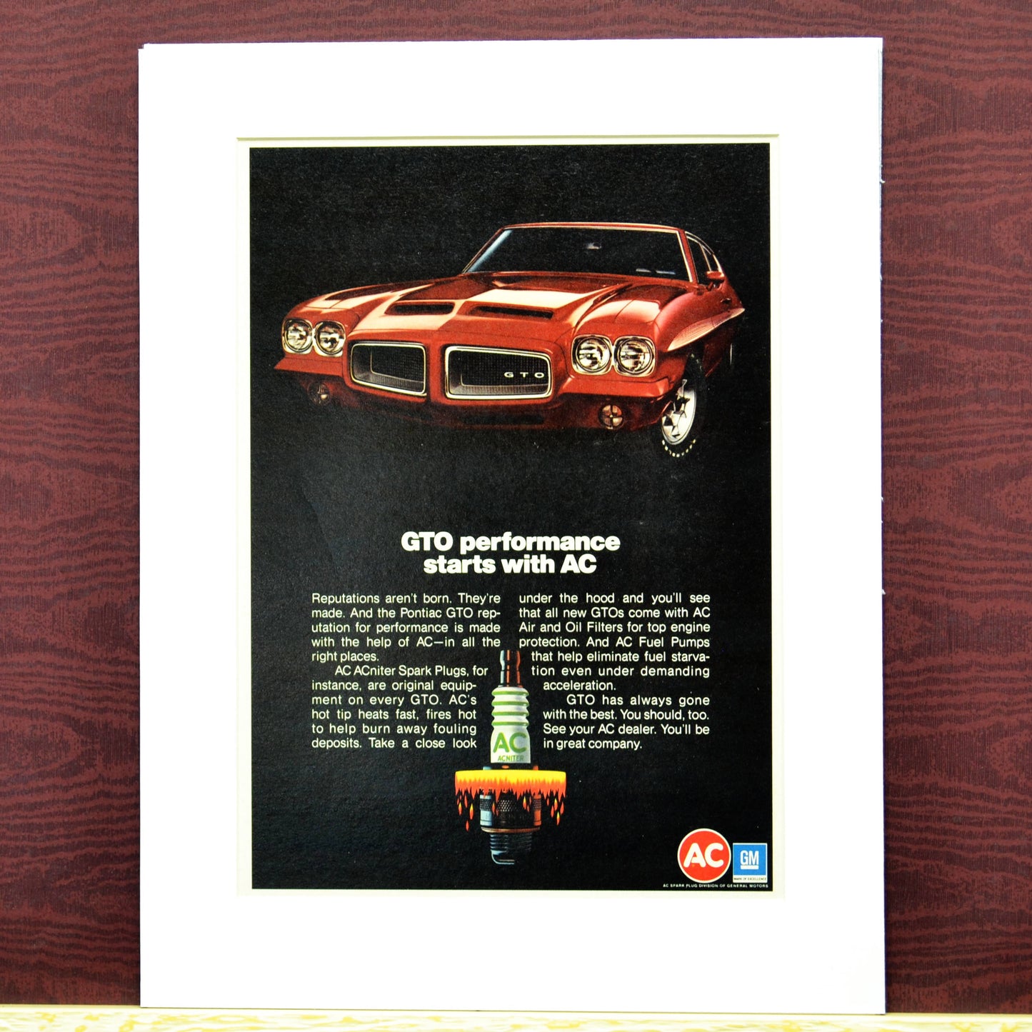 Spark the Legend: Framed 1972 Pontiac GTO with AC Spark Plugs Ad