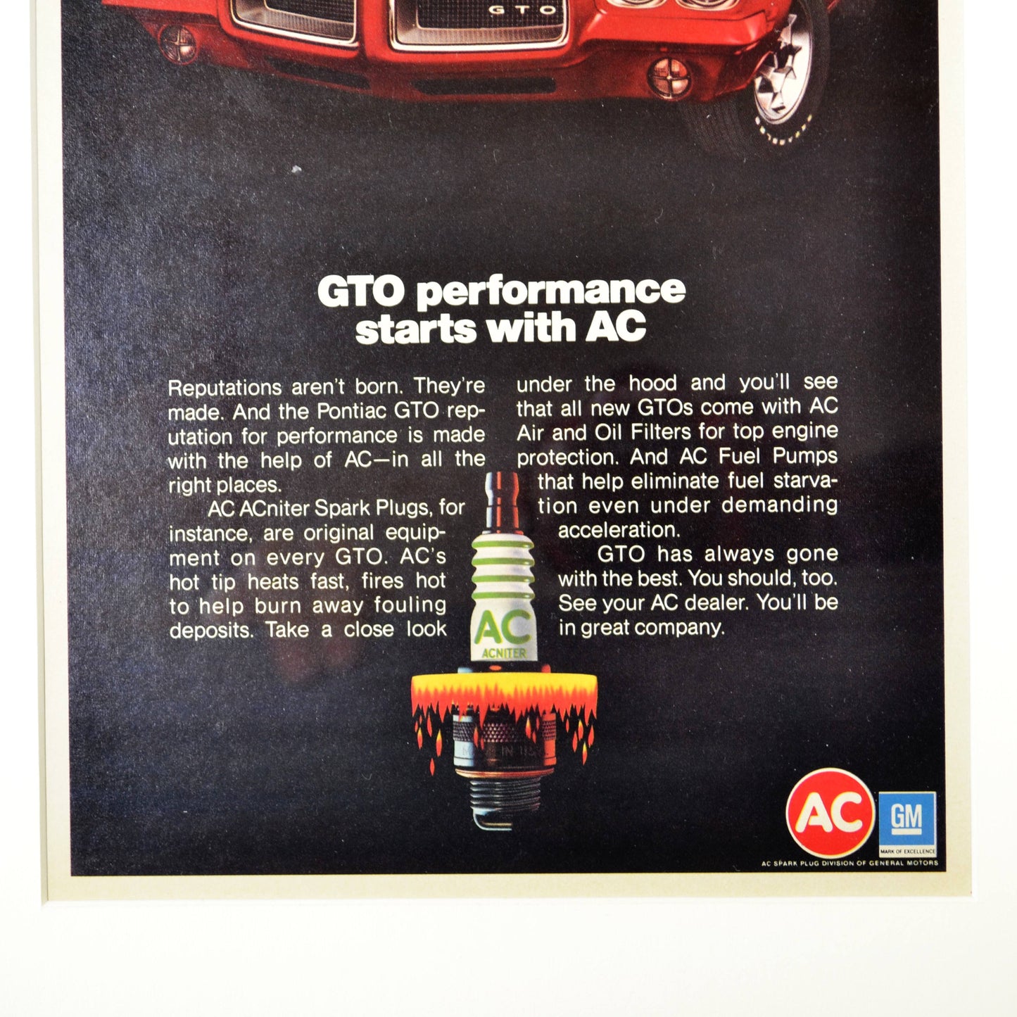 Spark the Legend: Framed 1972 Pontiac GTO with AC Spark Plugs Ad