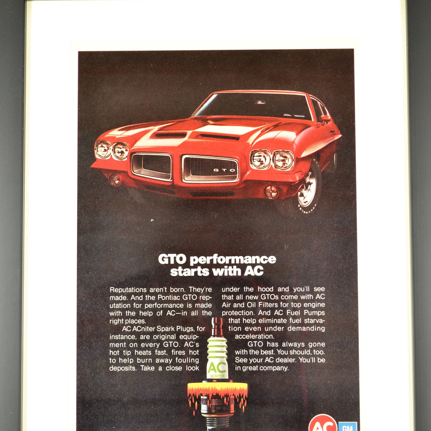 Spark the Legend: Framed 1972 Pontiac GTO with AC Spark Plugs Ad