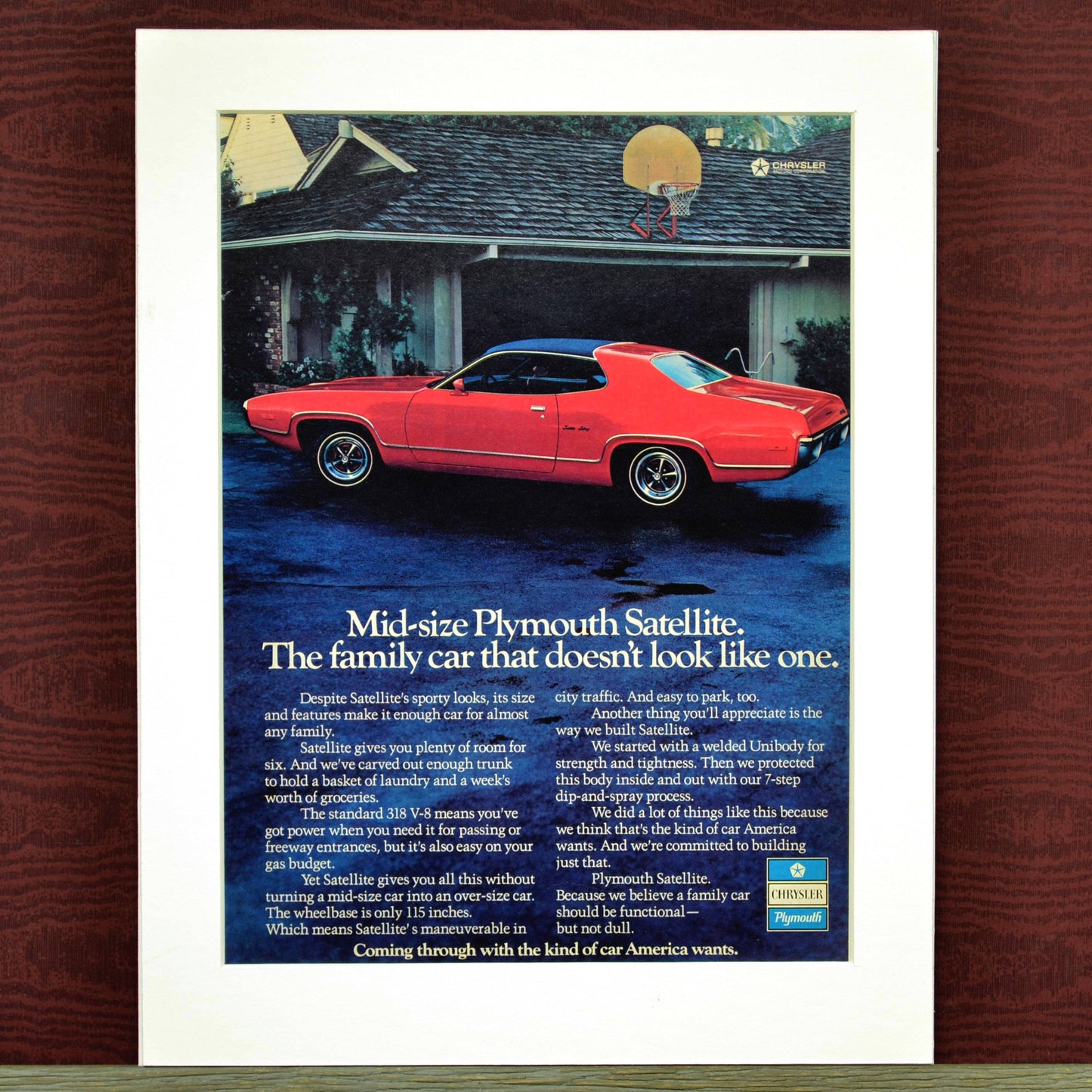 1972 Plymouth Satellite vintage print ad, framed automobilia wall art