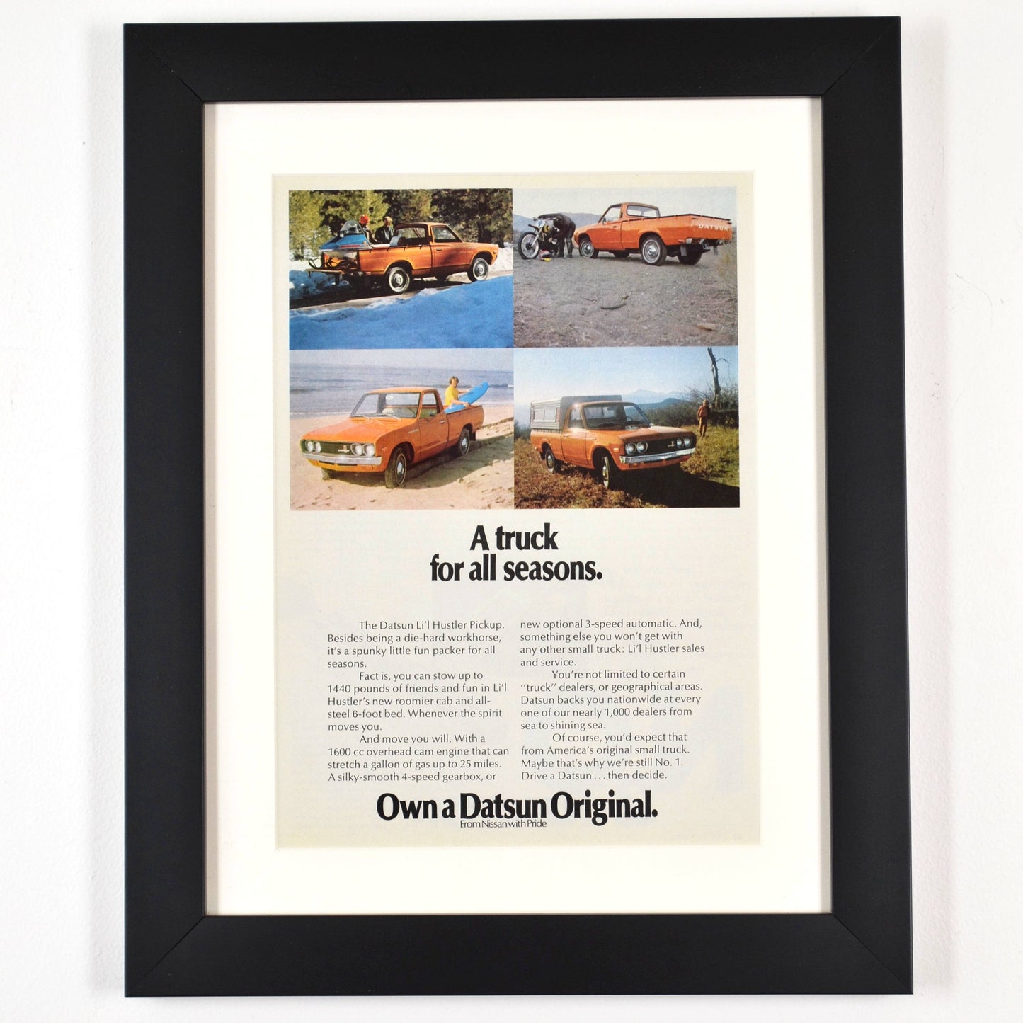 1973 Datsun Lil Hustler pick up print ad, Framed vintage automotive wall art