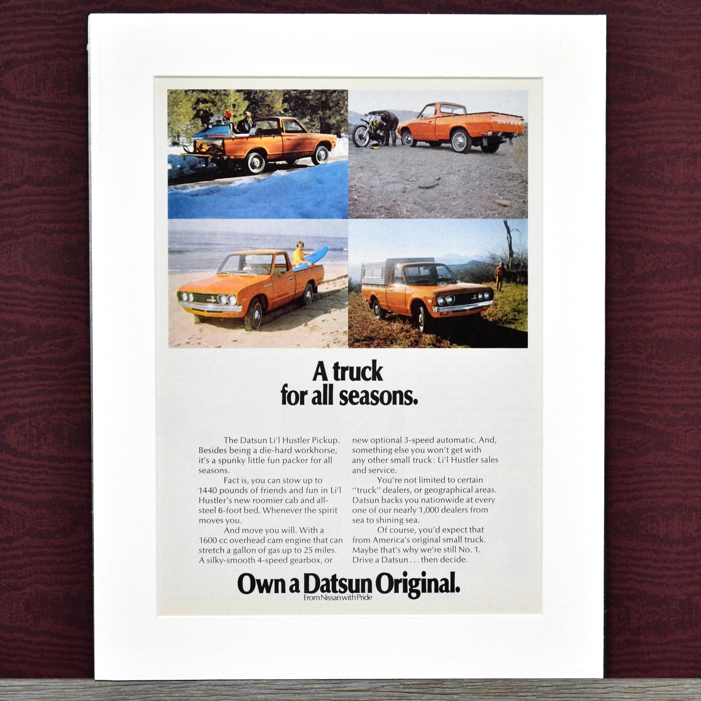 1973 Datsun Lil Hustler pick up print ad, Framed vintage automotive wall art