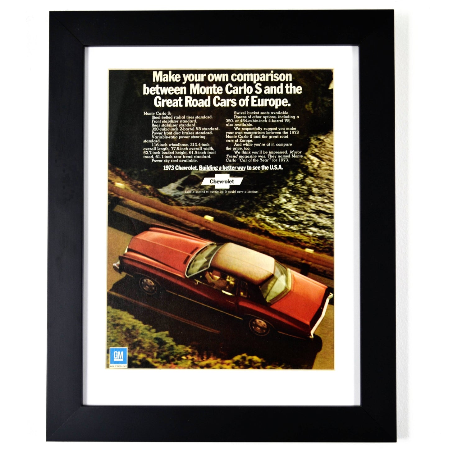 1973 Chevrolet Monte Carlo classic car print ad. | Framed Automotive wall art