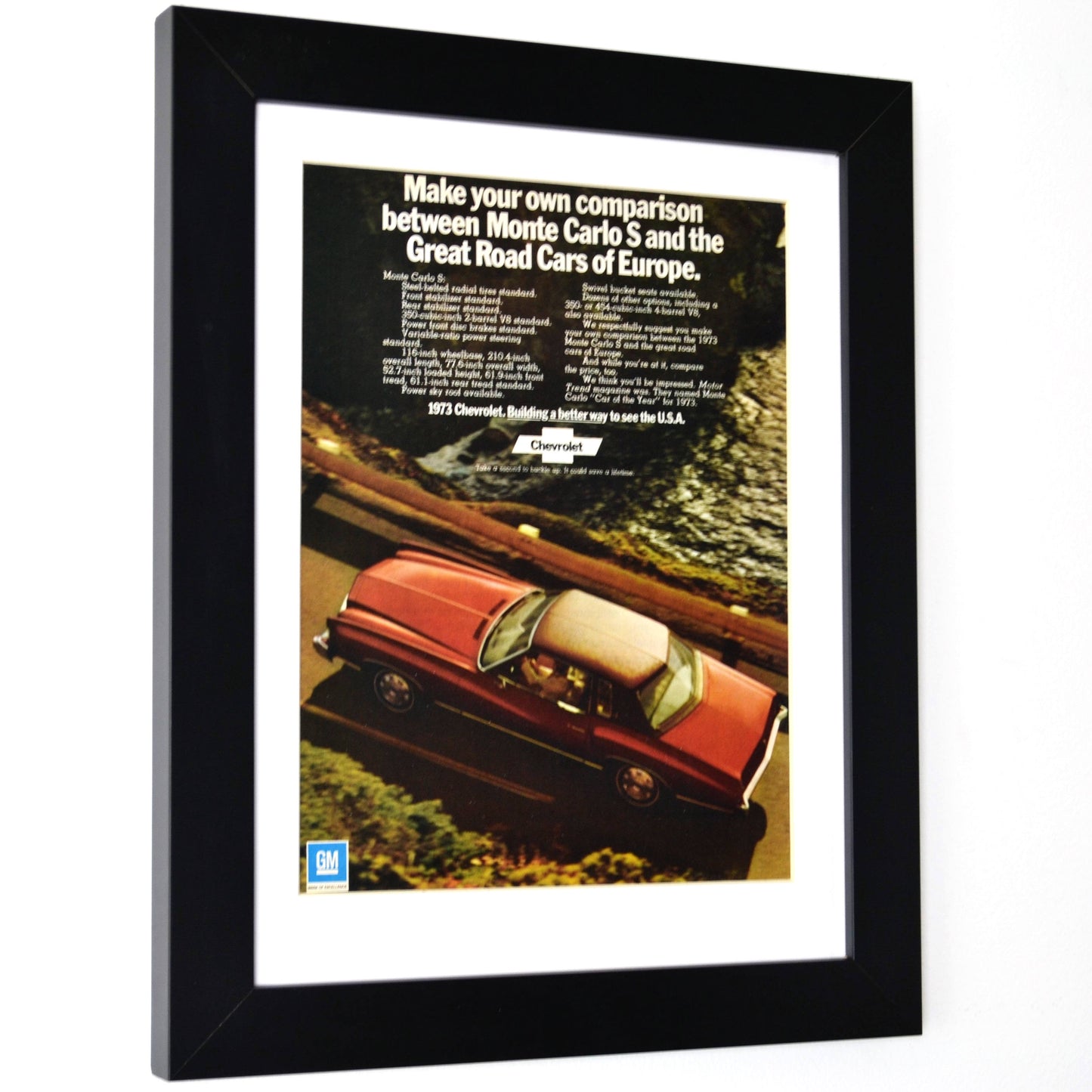 1973 Chevrolet Monte Carlo classic car print ad framed side view