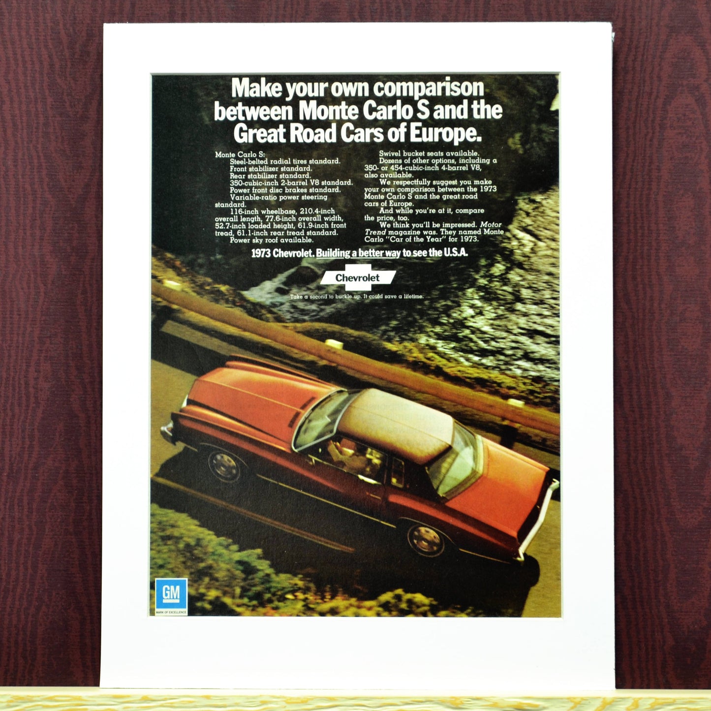 1973 Chevrolet Monte Carlo classic car print ad. | Framed Automotive wall art