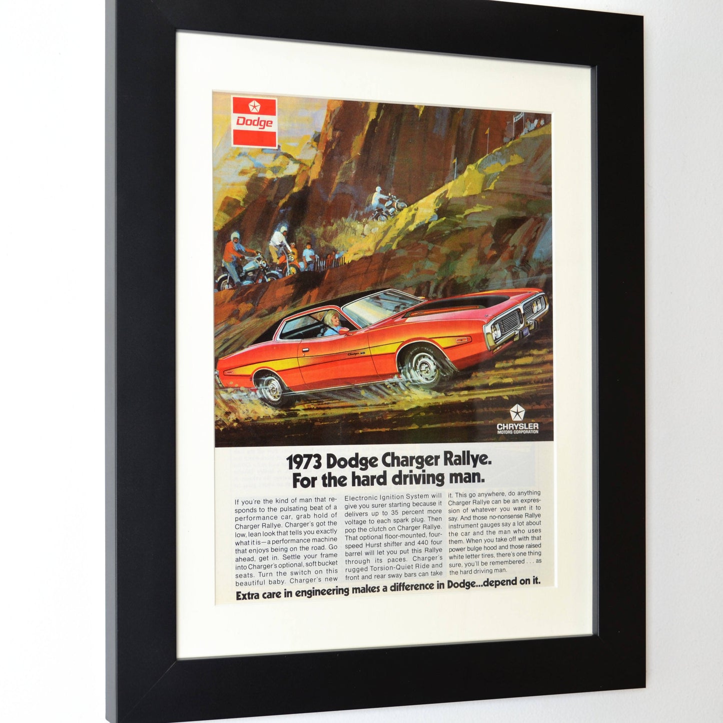 1973 Dodge Charger classic car print ad, framed automotive wall art