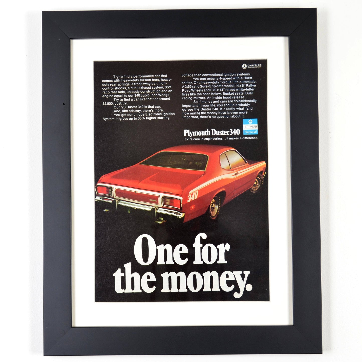 1973 Plymouth Duster 340 classic car print ad, framed automotive wall art