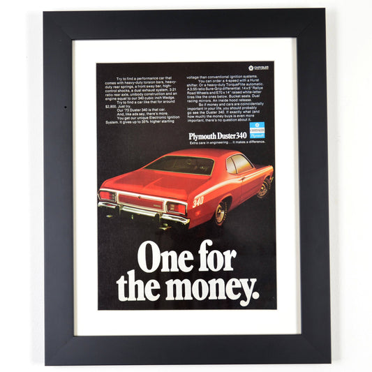 1973 Plymouth Duster 340 classic car print ad, framed