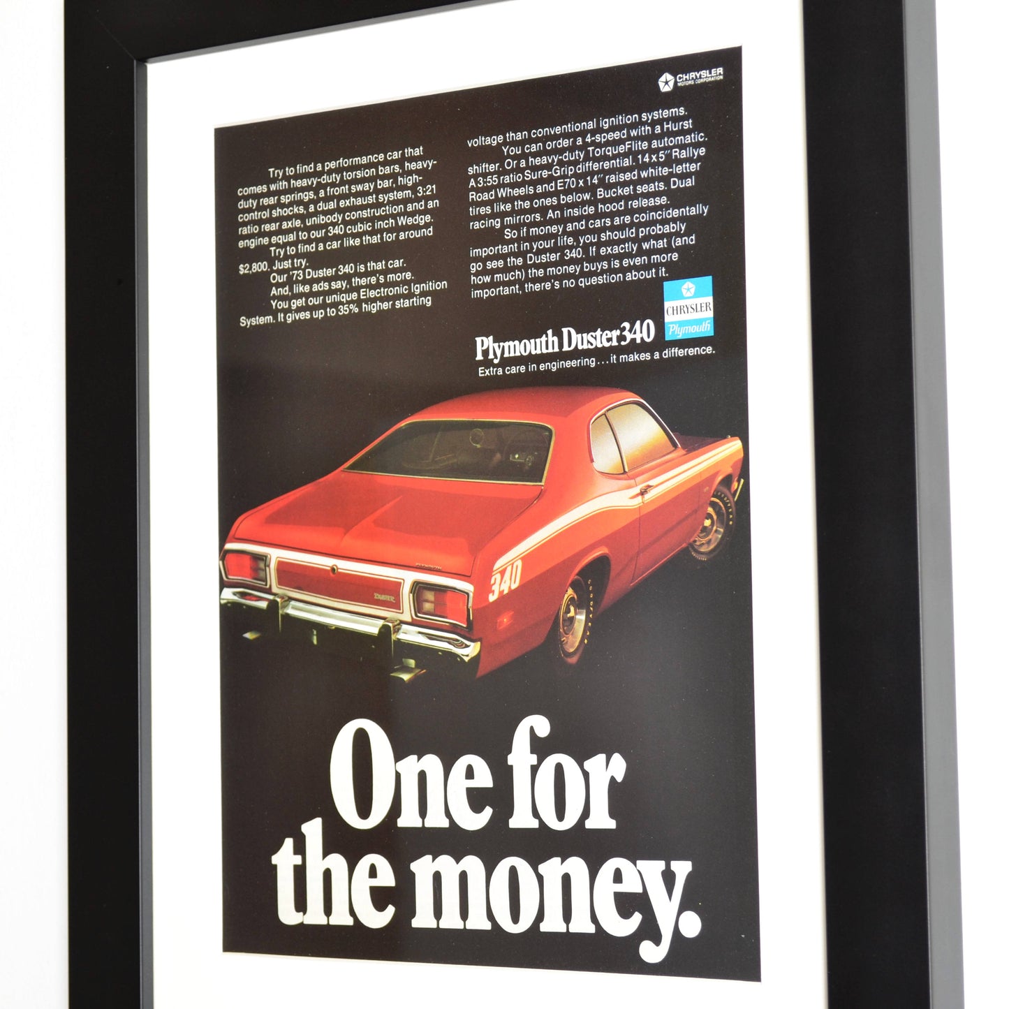 1973 Plymouth Duster 340 classic car print ad, framed automotive wall art