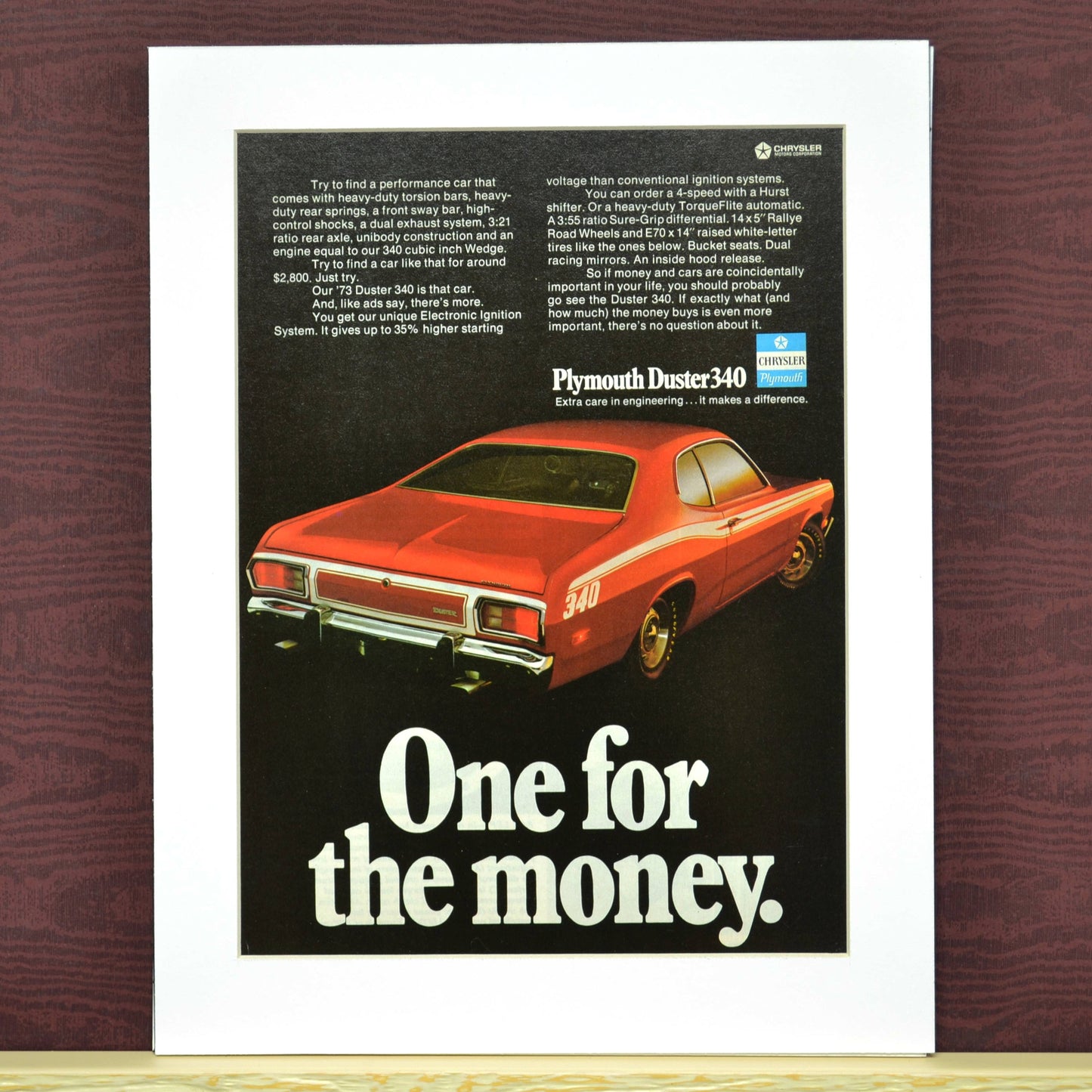 1973 Plymouth Duster 340 classic car print ad, framed automotive wall art