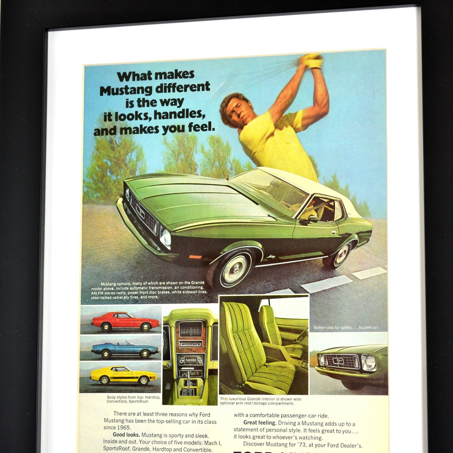 1973 Ford Mustang classic car print ad, framed automotive wall art