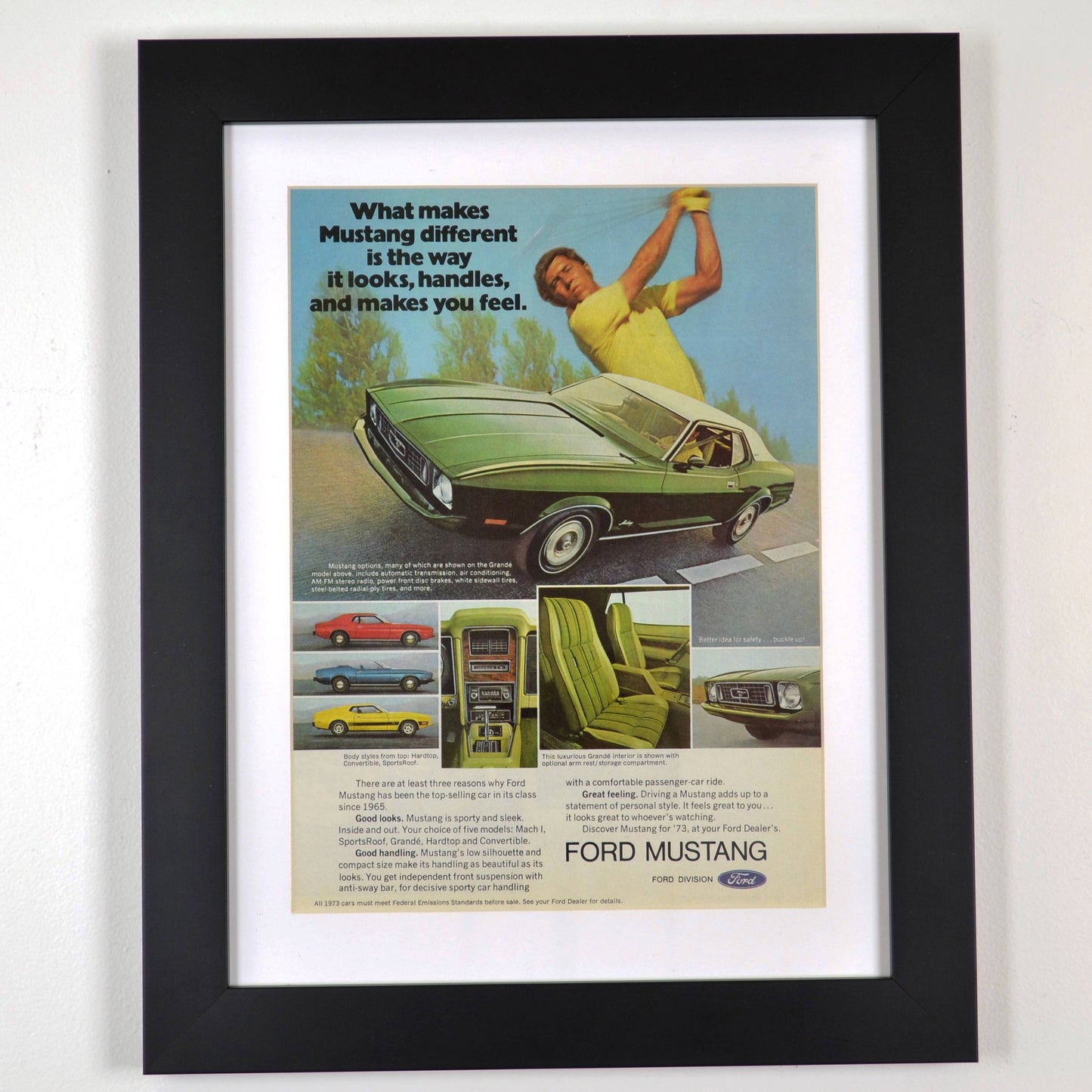 1973 Ford Mustang classic car print ad, framed automotive wall art