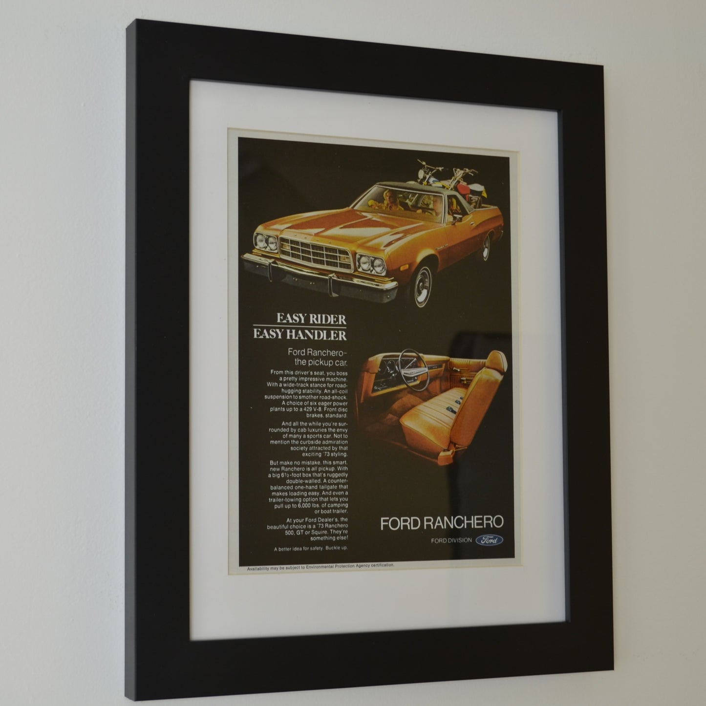 1973 Ford Ranchero classic car print, side view framed