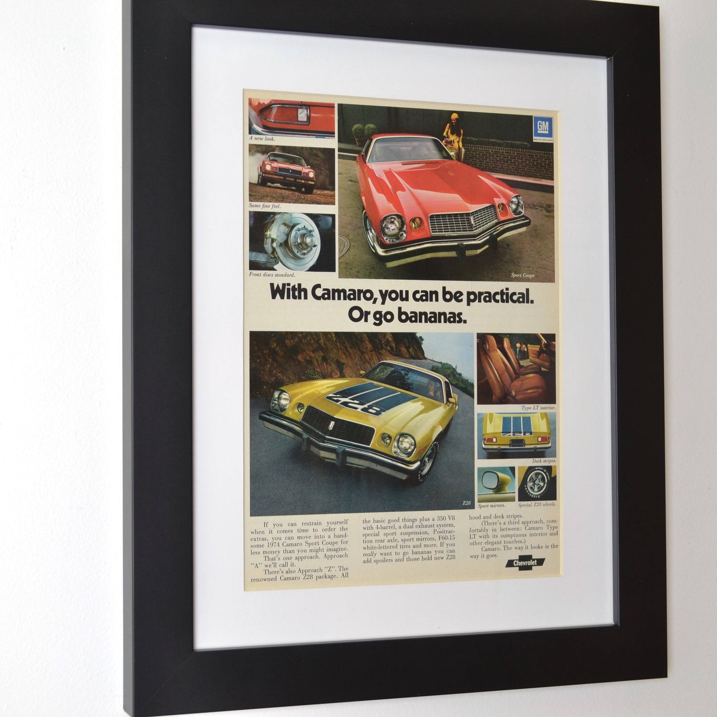 1974 Chevrolet Camaro z28 nostalgia print ad. | Framed classic car wall art