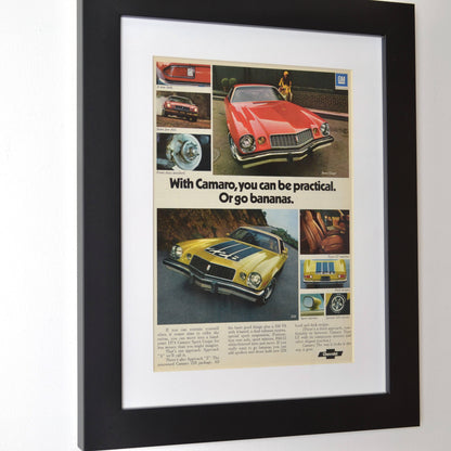 1974 Chevrolet Camaro z28 nostalgia print ad side view, framed