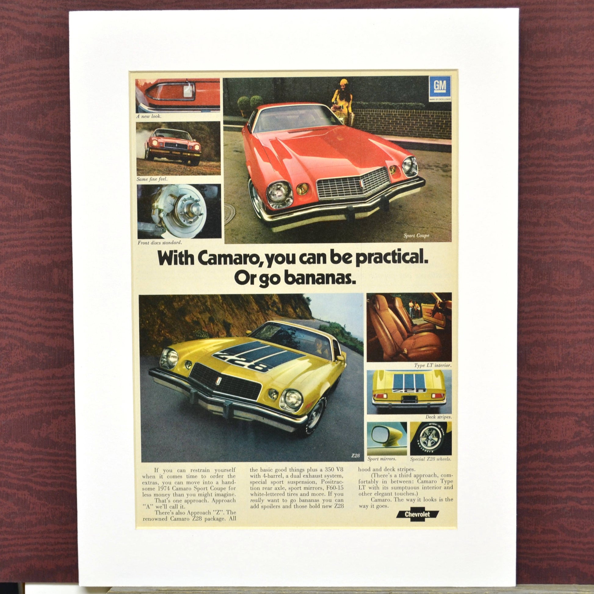 1974 Chevrolet Camaro z28 nostalgia print ad.