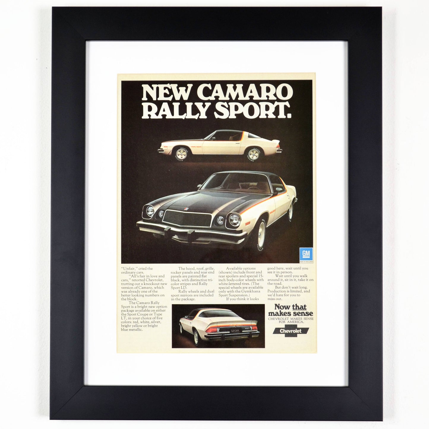 1975 Chevrolet Camaro rally sport nostalgia print ad. | Framed classic car wall art