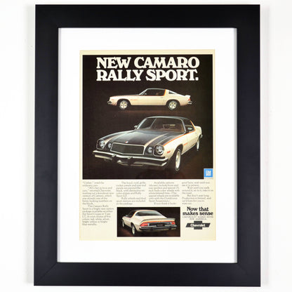 framed 1975 Chevrolet Camaro rally sport nostalgia print ad.