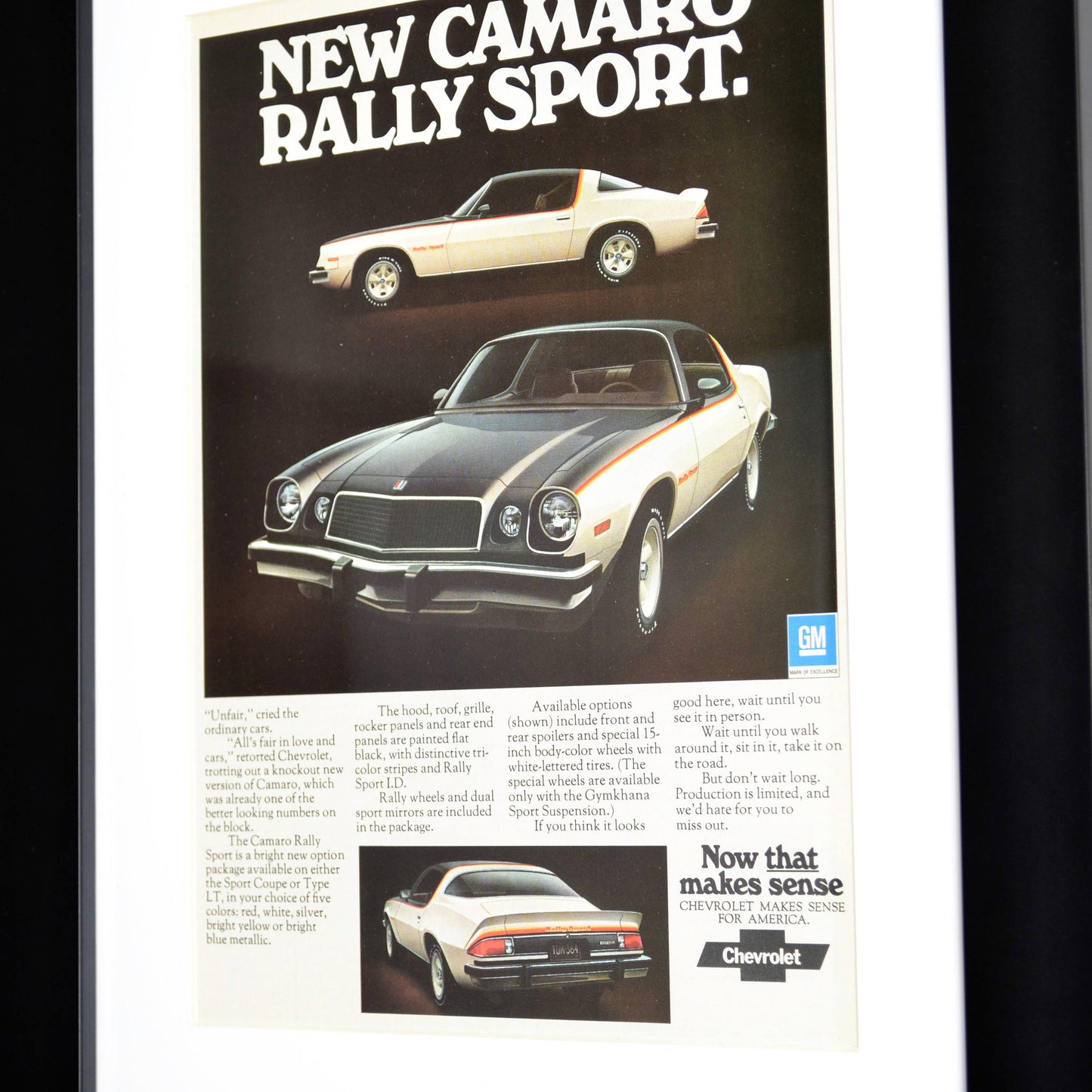 1975 Chevrolet Camaro rally sport nostalgia print ad. | Framed classic car wall art