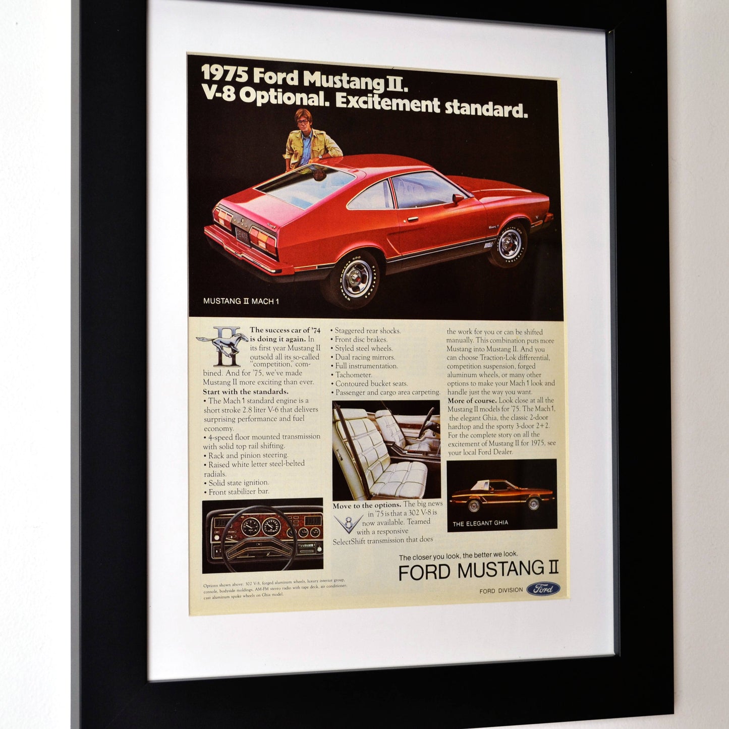 1975 Ford Mustang II Classic car ad, Framed automotive wall art