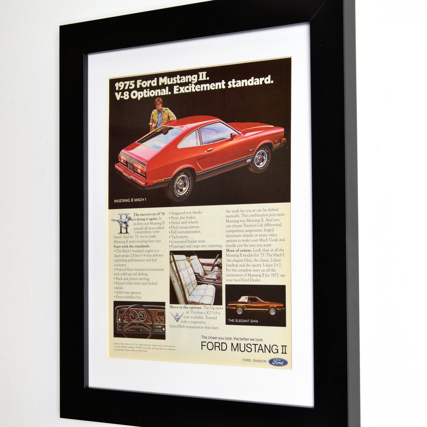 1975 Ford Mustang II Classic car ad, Framed automotive wall art