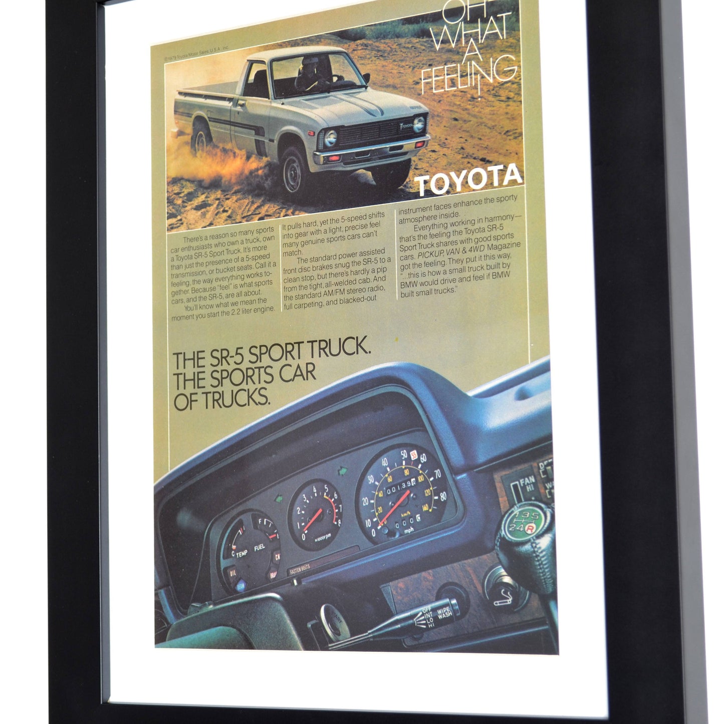 1979 Toyota SR5 sport pick up truck print ad, side view, framed