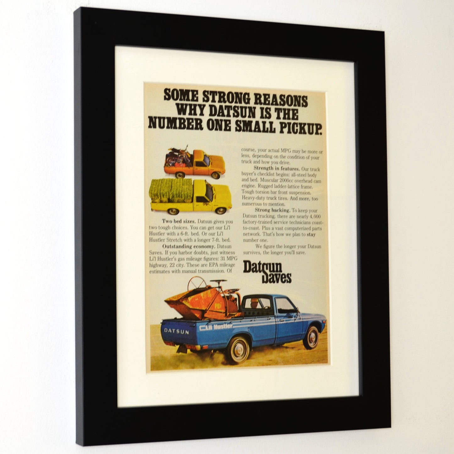 1976 Datsun Lil Hustler pick up print ad, framed side view