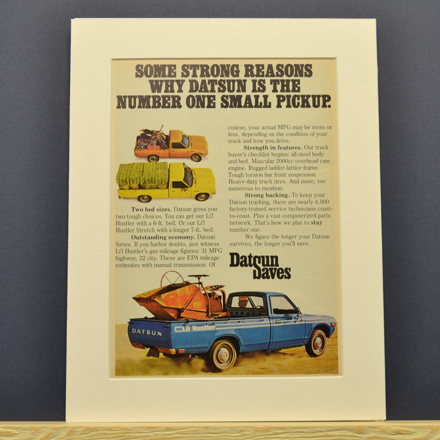 1976 Datsun Lil Hustler pick up print ad, Framed vintage automotive wall art