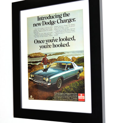 1976 Dodge Charger classic car print ad, side view, framed