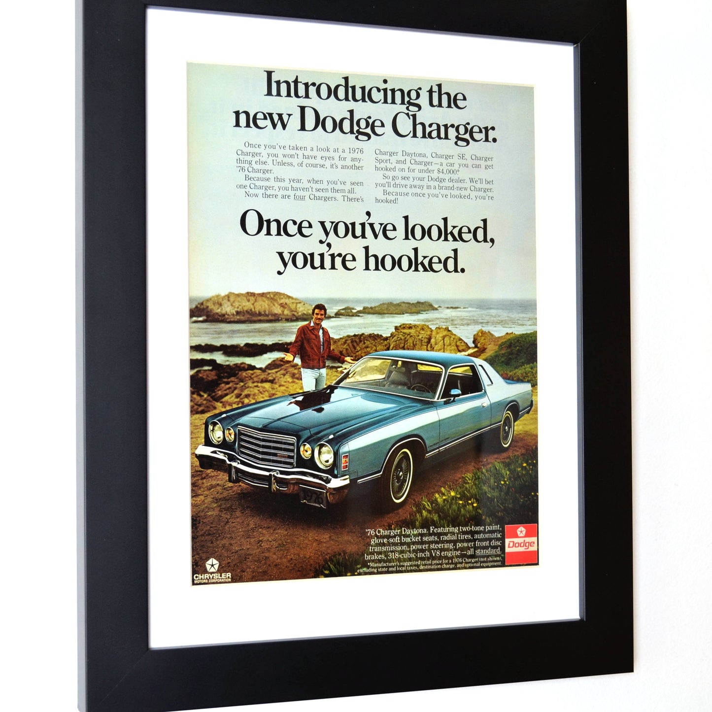 1976 Dodge Charger classic car print ad, framed automotive wall art