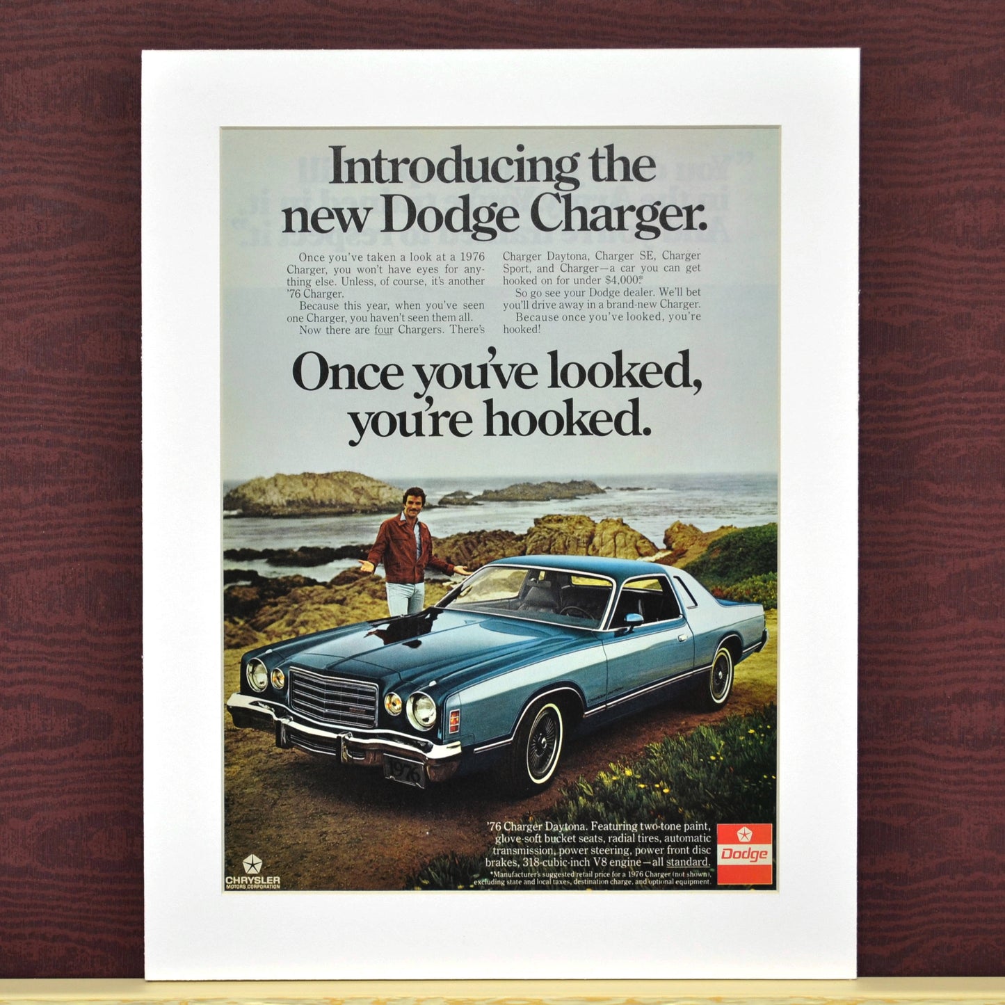 1976 Dodge Charger classic car print ad, framed automotive wall art