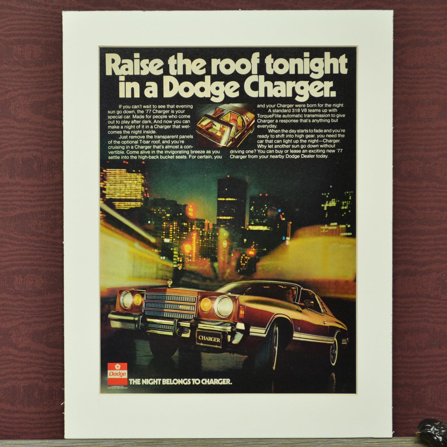 1977 Dodge Charger classic car print ad, framed automotive wall art