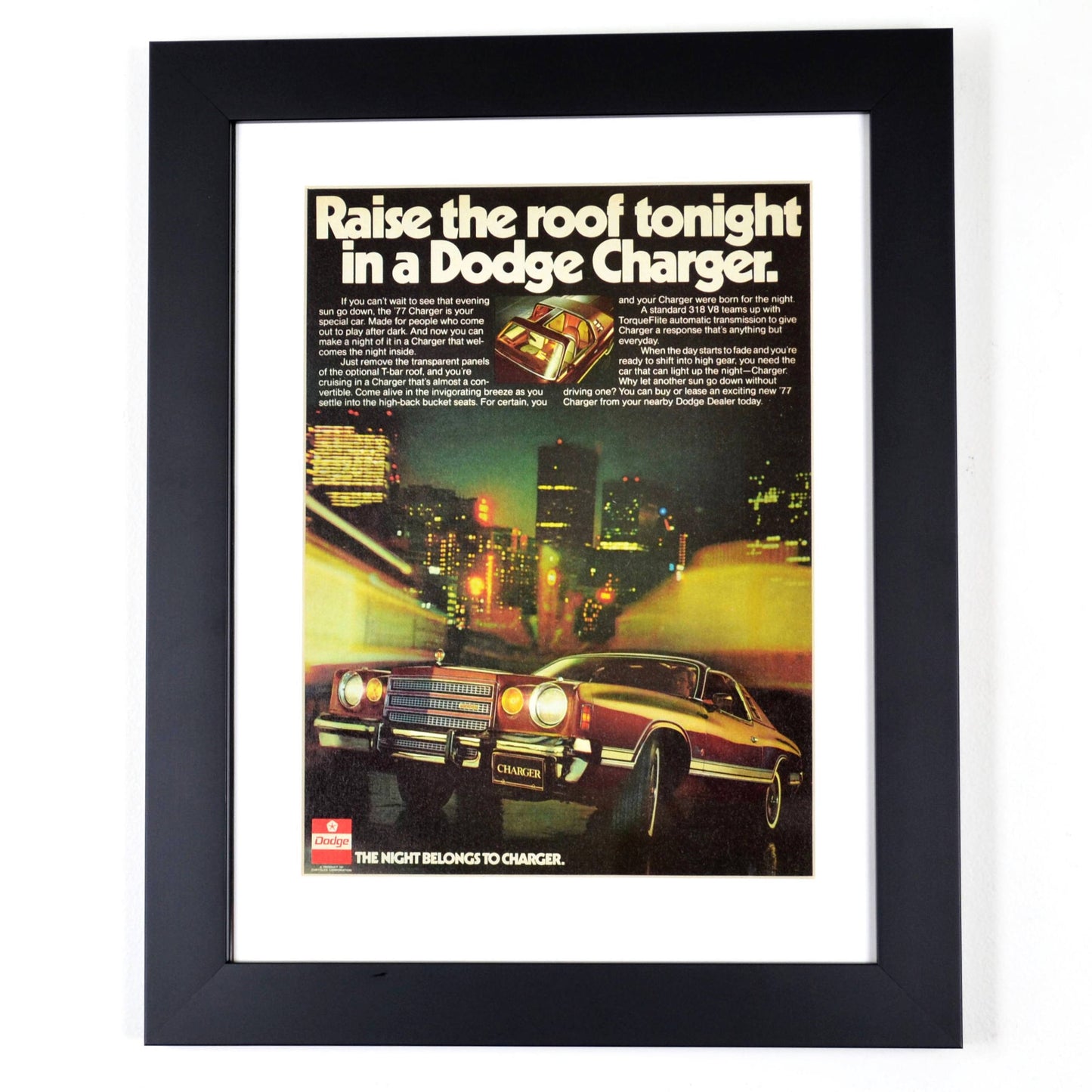 1977 Dodge Charger classic car print ad, framed automotive wall art