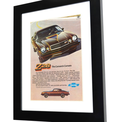 1977 Chevrolet Camaro classic car print ad, side view, framed