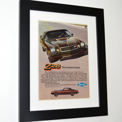 1977 Chevrolet Camaro classic car print ad side view, framed