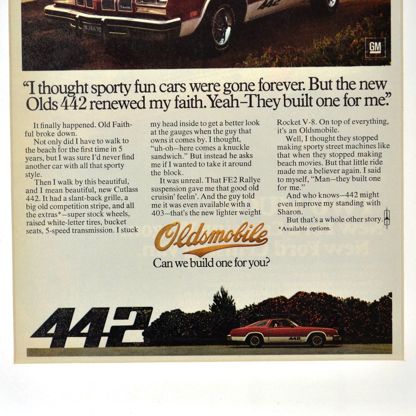 1977 Oldsmobile 442 memorabilia, framed classic car wall art print ad.