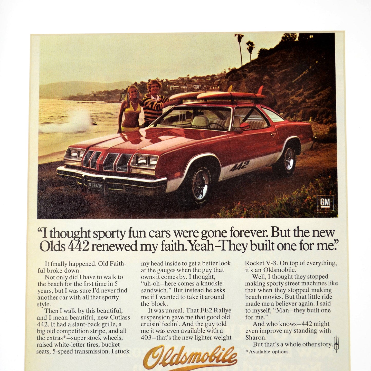 1977 Oldsmobile 442 memorabilia, framed classic car wall art print ad.