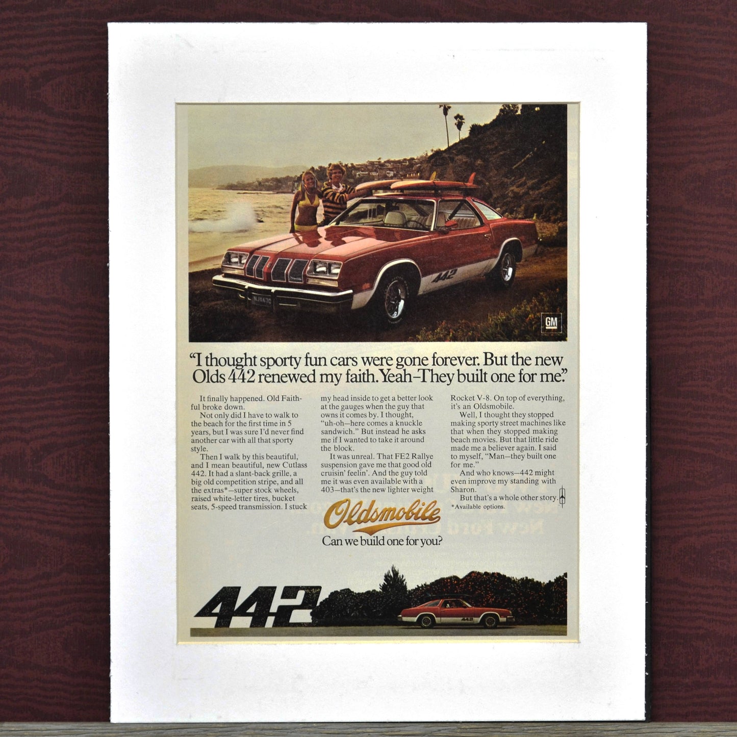 1977 Oldsmobile 442 memorabilia, framed classic car wall art print ad.