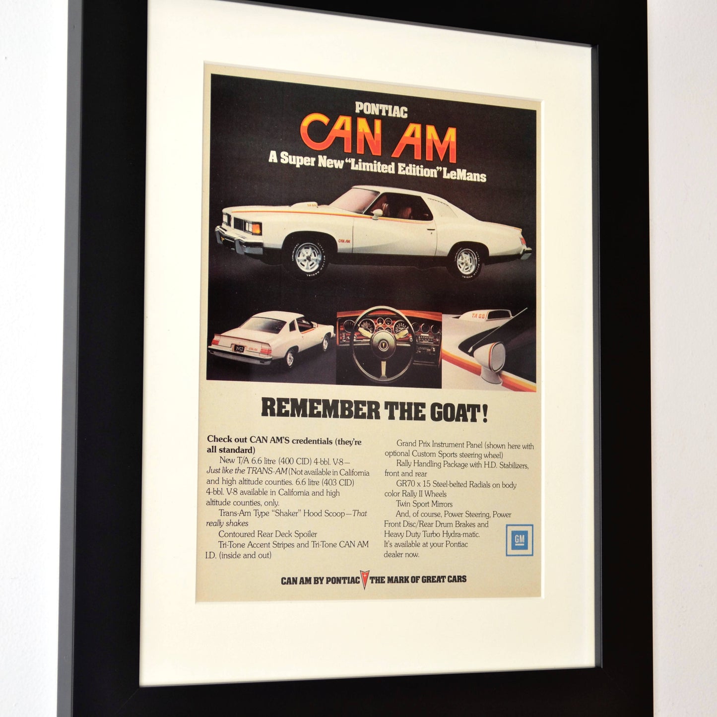 1977 Pontiac Can Am classic car wall art, side view, framed