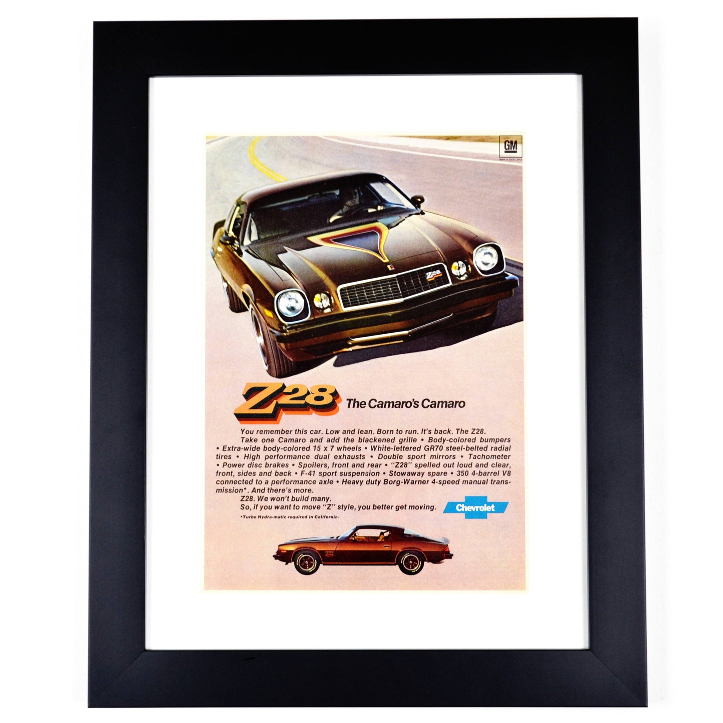 1977 Chevrolet Camaro classic car print ad, framed