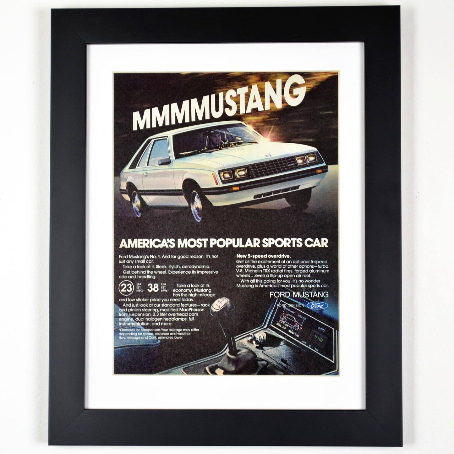 1980 Ford Mustang classic car print ad, Framed automotive wall art