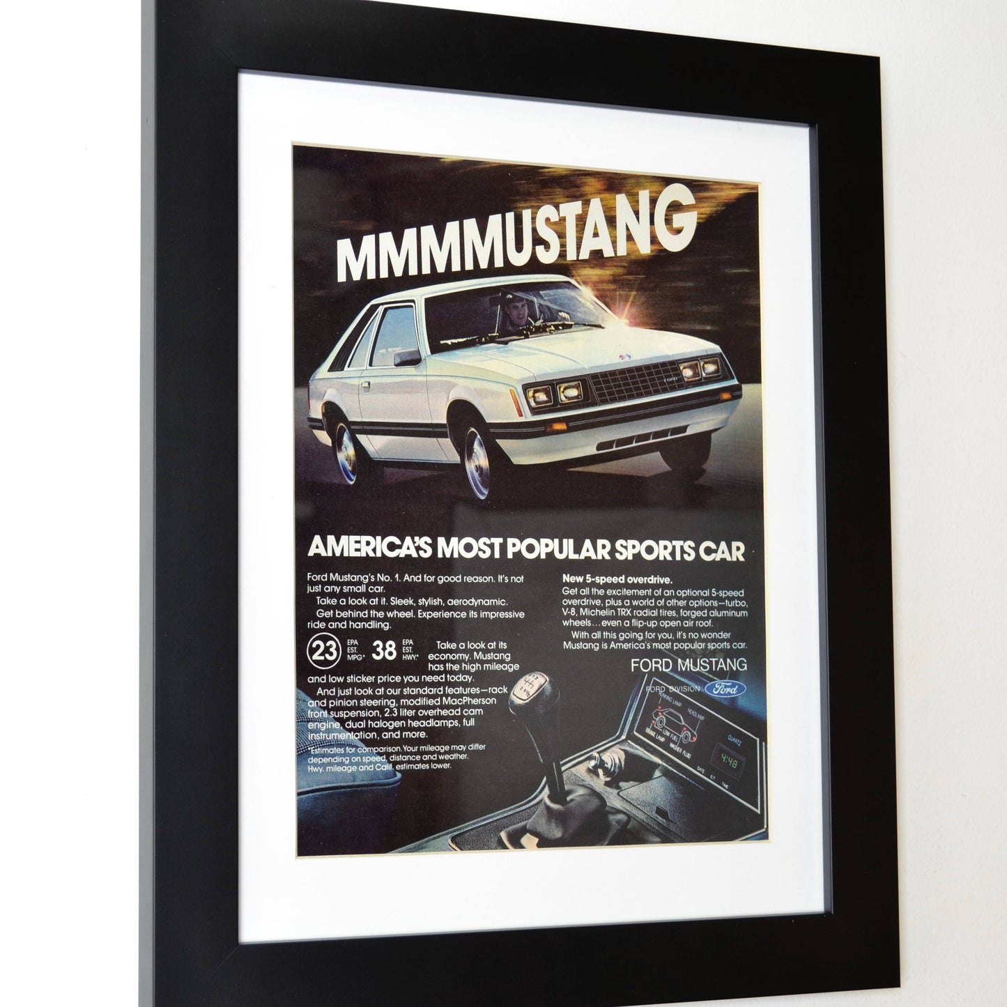 1980 Ford Mustang classic car print ad, Framed automotive wall art