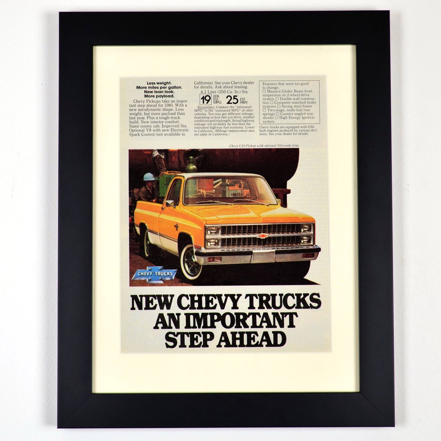 1981 Chevrolet square body pick up truck print ad.,  Framed classic truck wall art