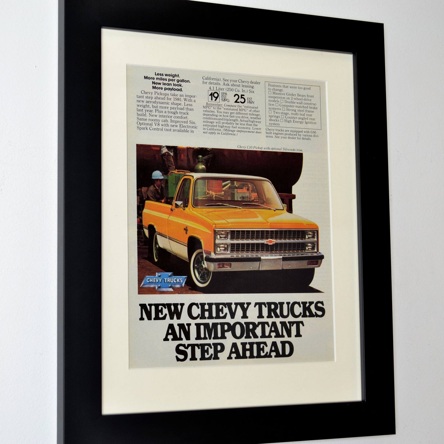 1981 Chevrolet square body pick up truck print ad side view, framed