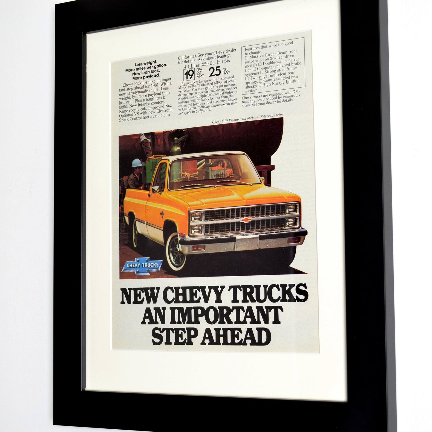 1981 Chevrolet square body pick up truck print ad.,  Framed classic truck wall art