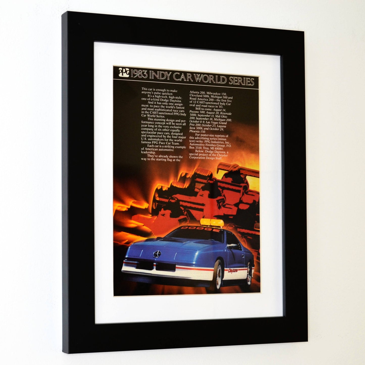 1983 Dodge Daytona Indy pace car classic car print ad, side view, framed