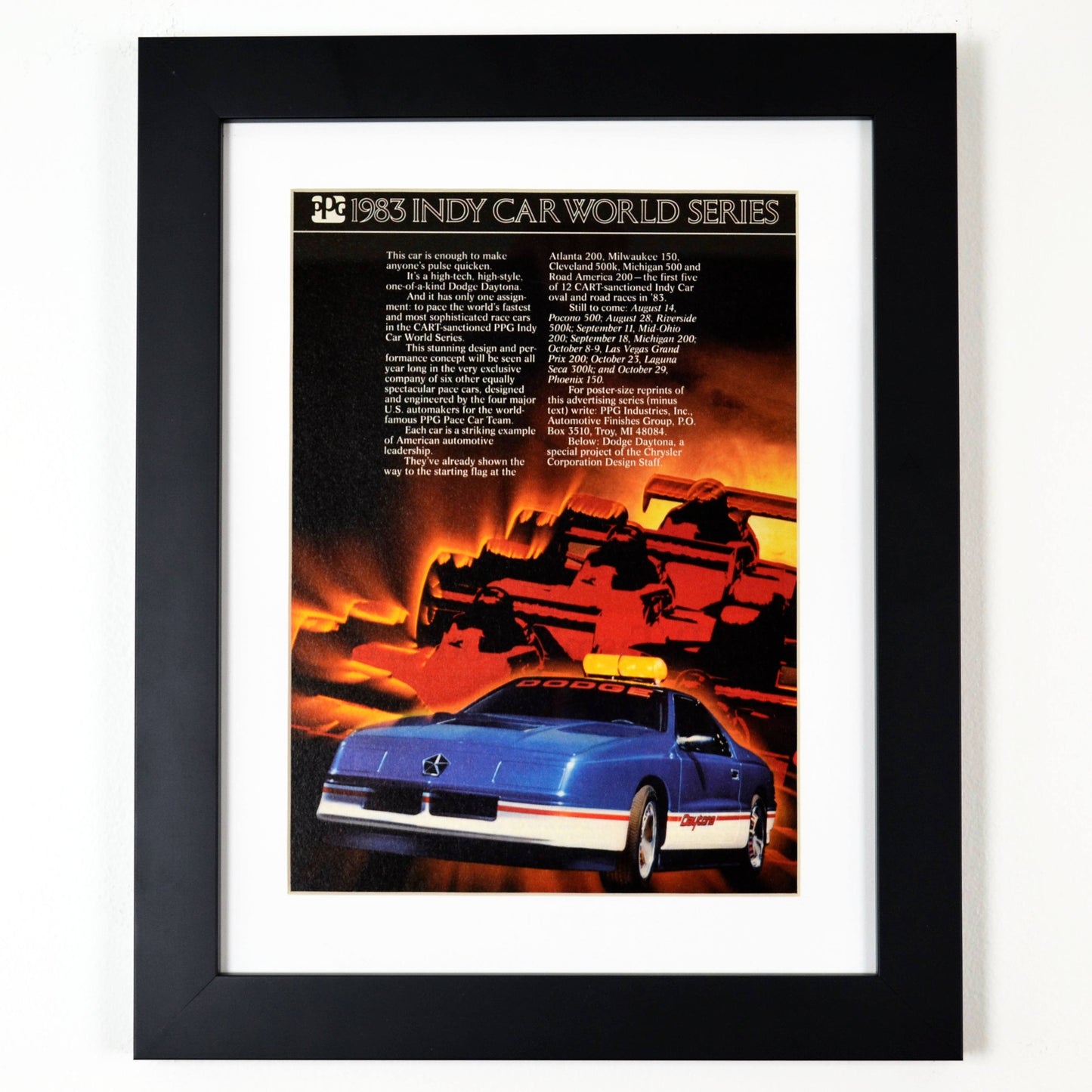 1983 Dodge Daytona Indy pace car classic car print ad, framed automotive wall art